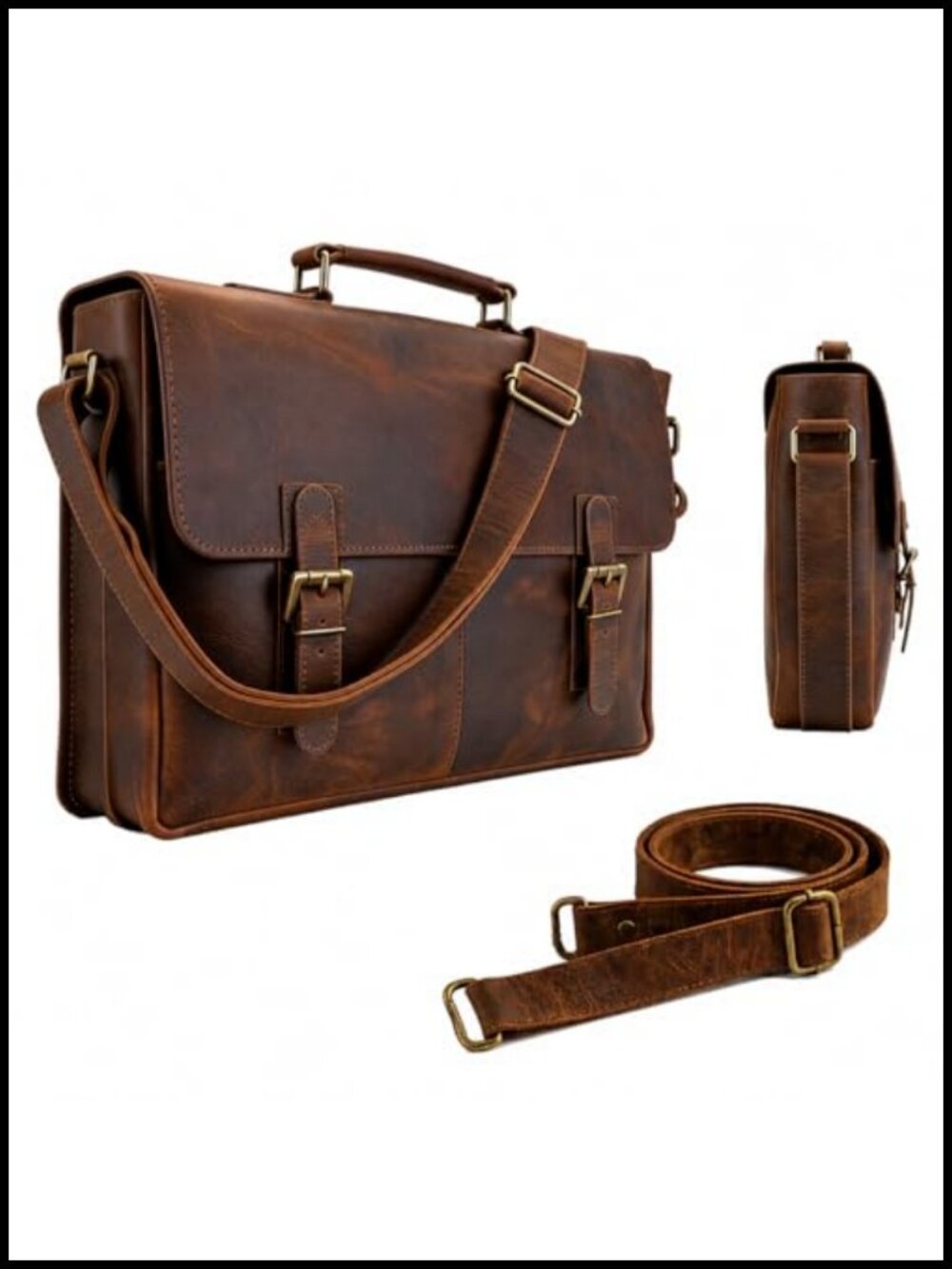 Handmade Full Grain Buffalo Leather Crossbody Messenger Bag Fits 16in Laptop